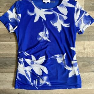 Calvin Klein Royal Blue & White Floral Short Sleeve Scoop Neck Top size S